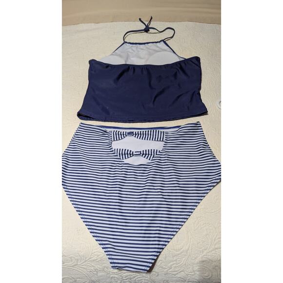 L Mandala Tankini - Navy + white Halter tie Hi Waisted Striped Bikini Set NWOT - Picture 5 of 7